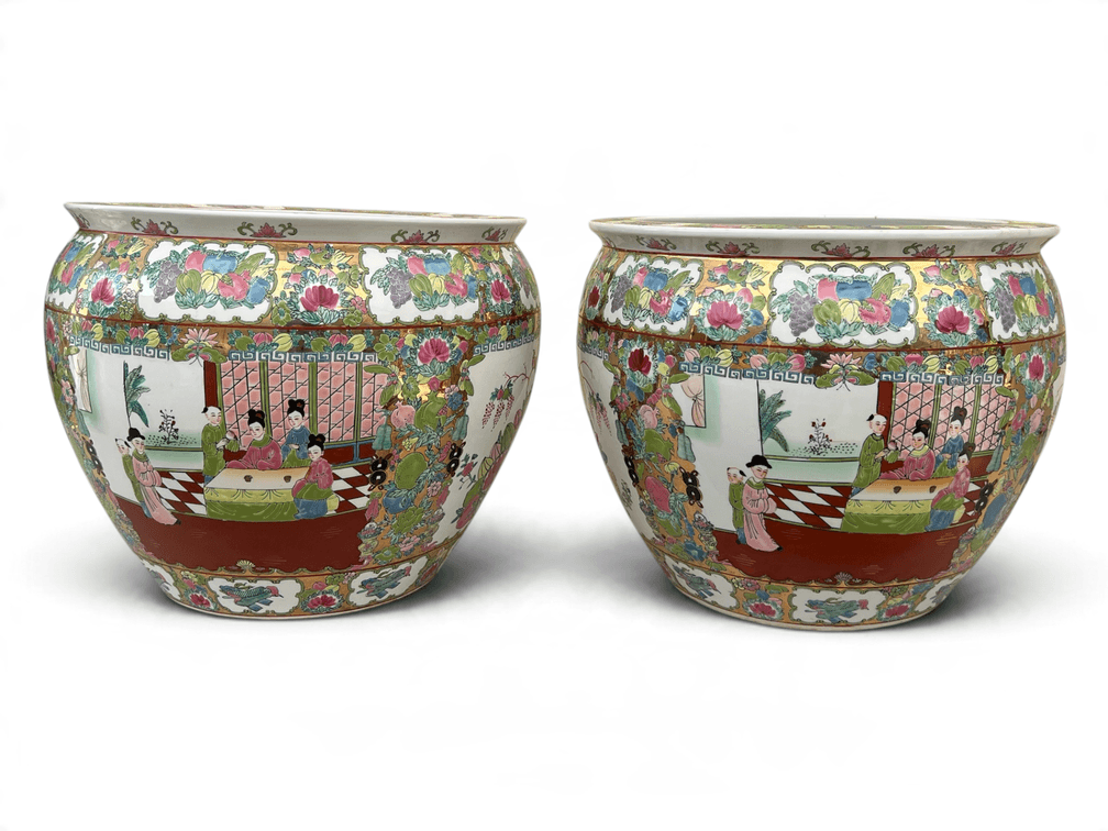 Pair of large Asian fish bowl jardinières
