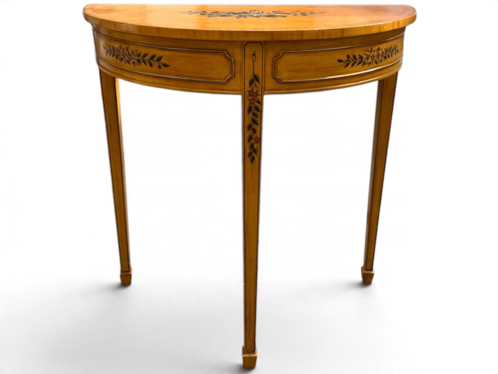 Maitland Smith satinwood demilune table with hand painted flowers