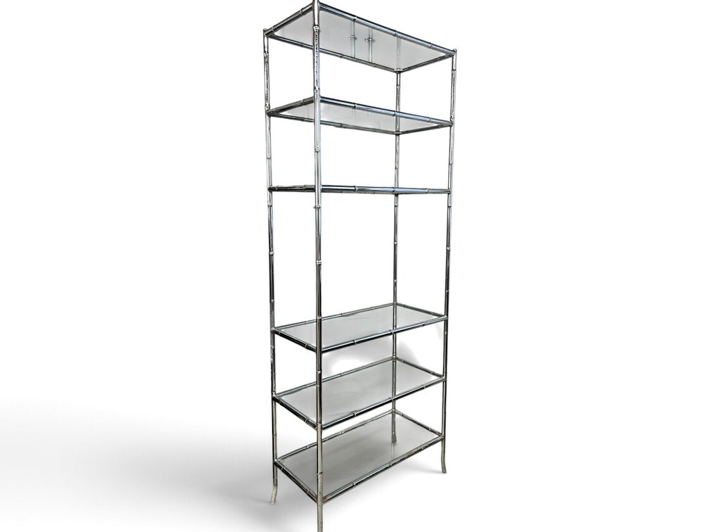 Chrome bamboo accent shelving unit with 6 glass shelves