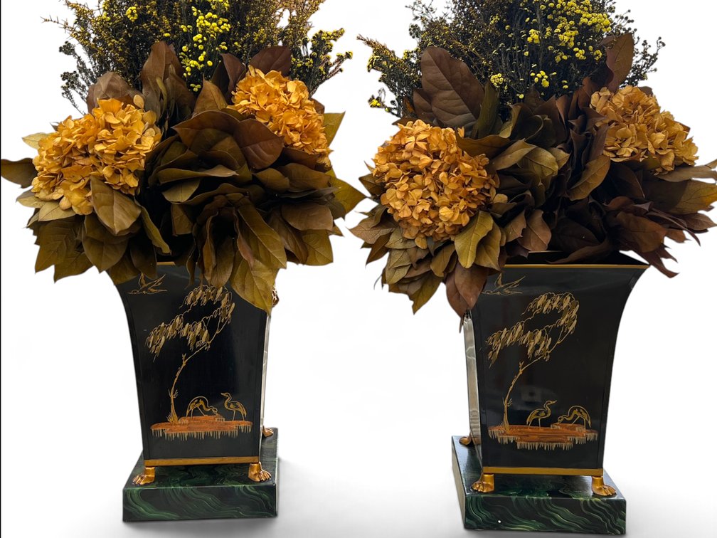 Pair of Italian tole decorated cache pots with faux dried floral decoration