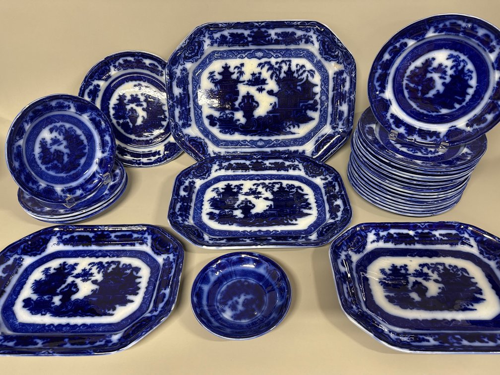 Flow blue "Temple" pattern china