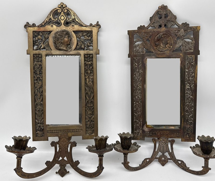 Two Aesthetic Movement mirrored brass sconces