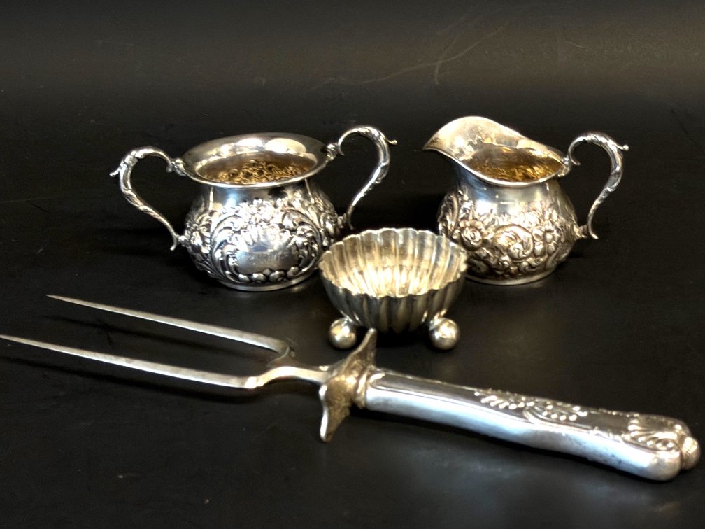 Sterling creamer, sugar, meat fork
