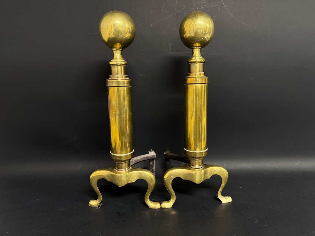 Pair of brass cannonball andirons