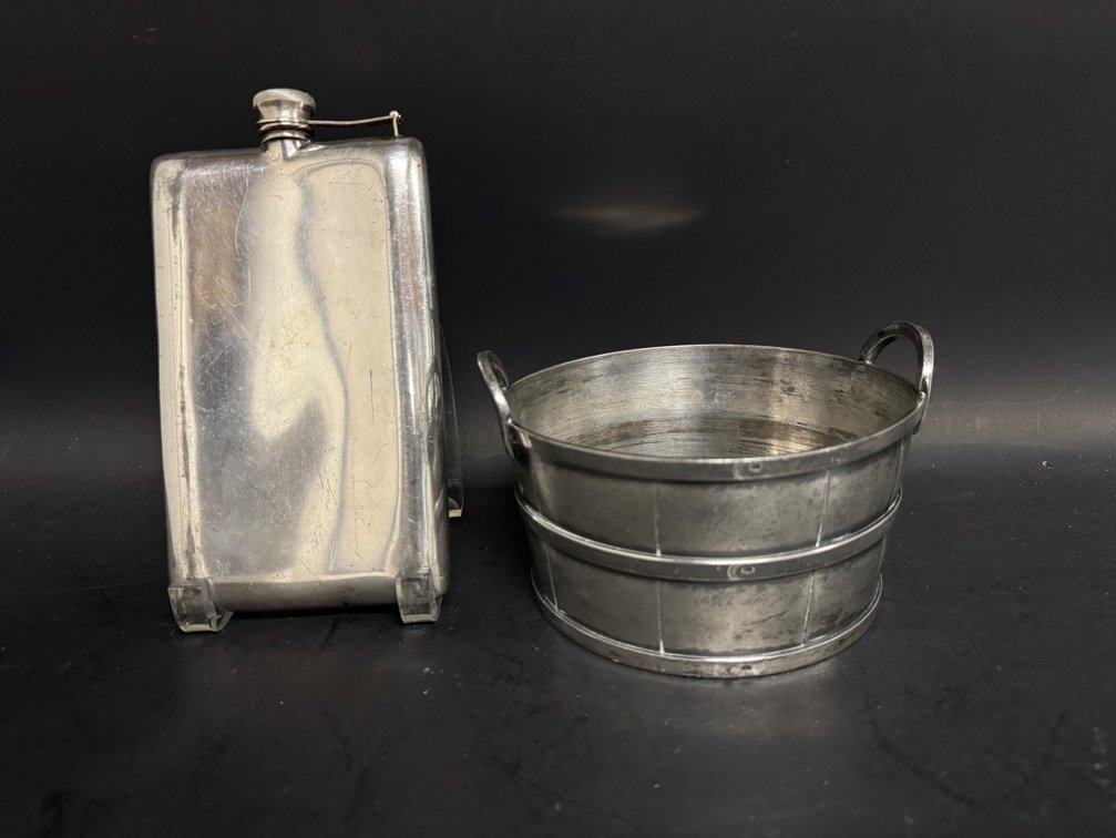 Silver plate ice bucket, flask