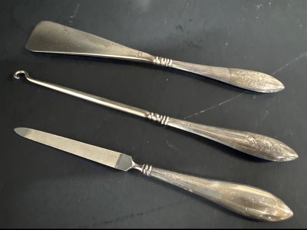 Sterling handled shoe horn, file, button hook