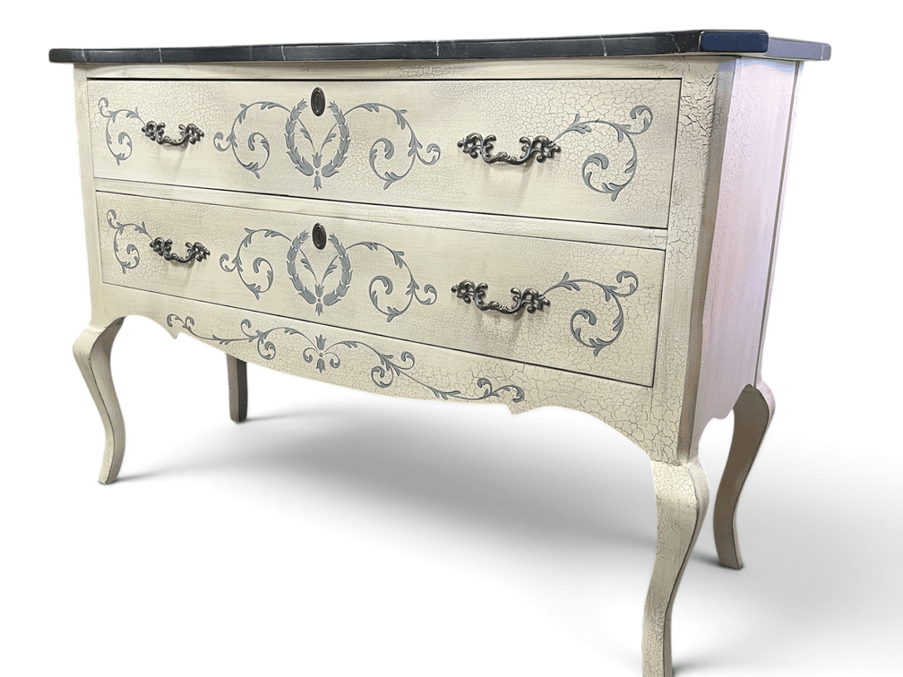 Swedish inspired painted decorative chest of drawers with faux marbleized top