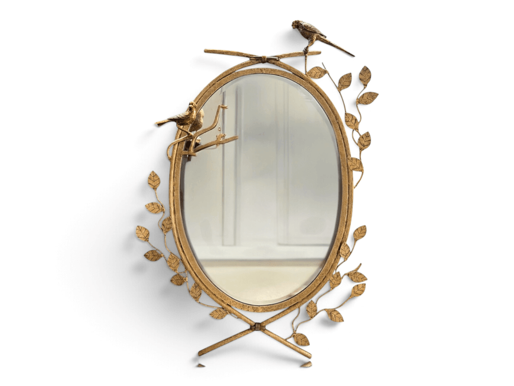 Maitland Smith oval painted mirror with brass birds