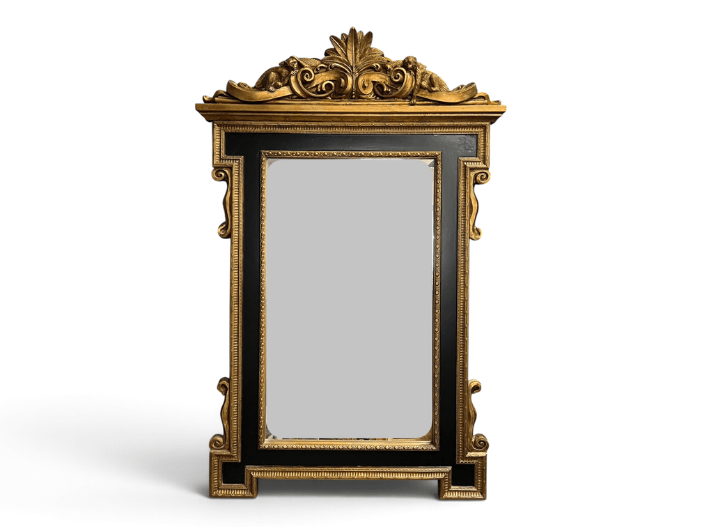 Decorative black and gold ornate resin coated mirror with monkey frieze