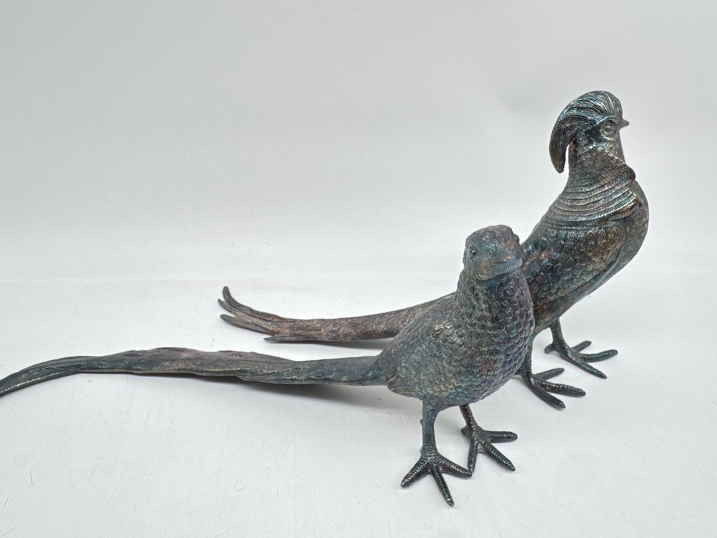 Pair of silver metal long tailed table pheasants