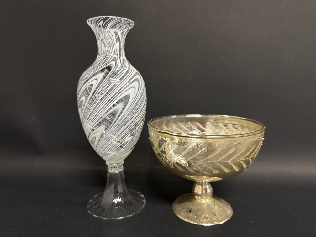 Mercury style glass bowl, swirl glass vase