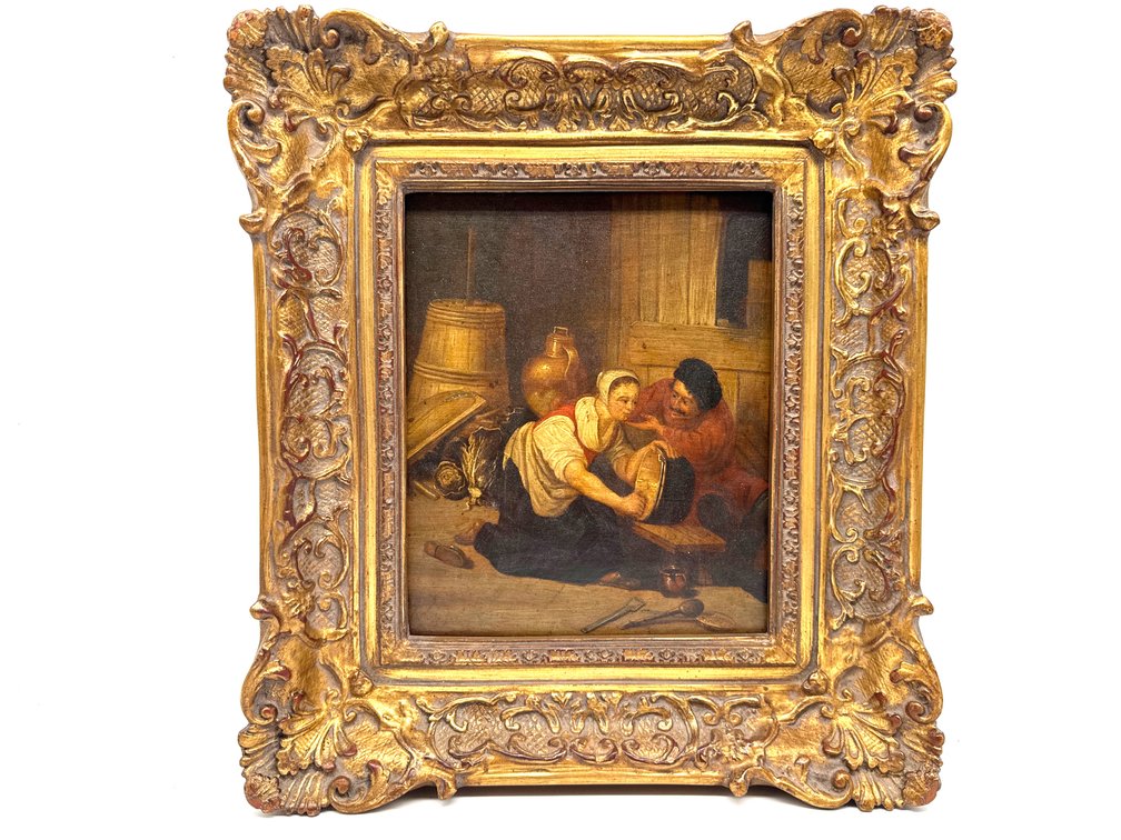 Dutch genre style oil on board painting after Adriaen van Ostade
