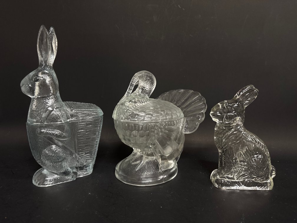 Turkey, rabbit glass dishes, figurine candy vessels