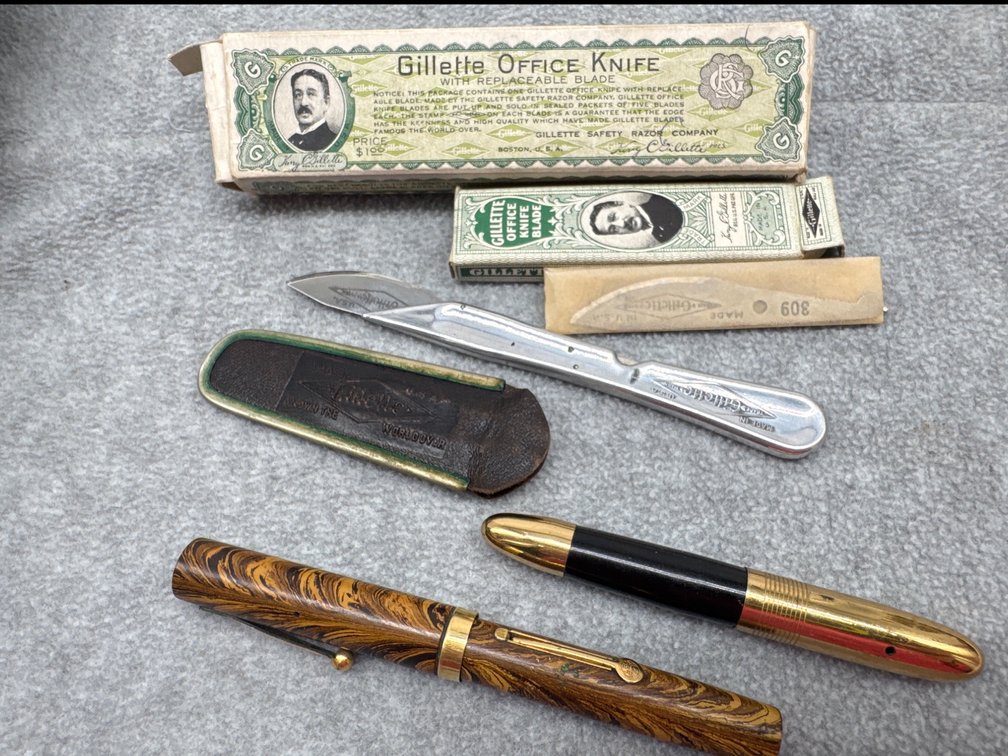 Vintage fountain pens, office knife