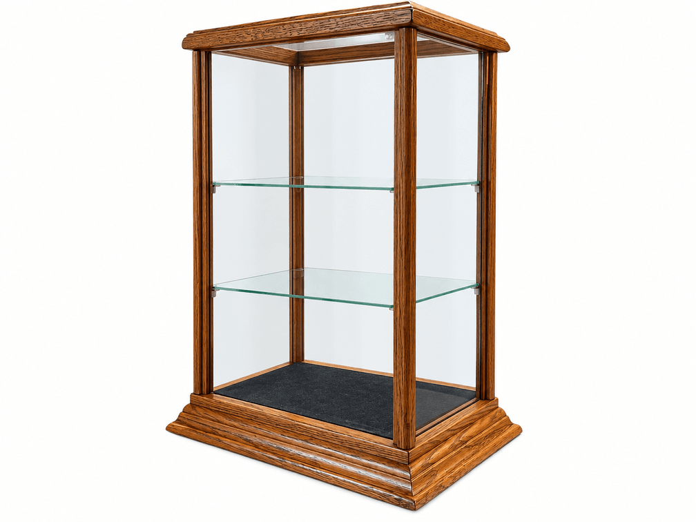 Table top oak glass sliding door display cabinet