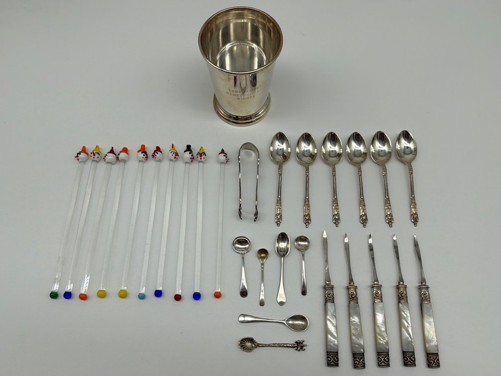 Treasure chest of glass stirrers, nut picks, demitasse, salt spoons