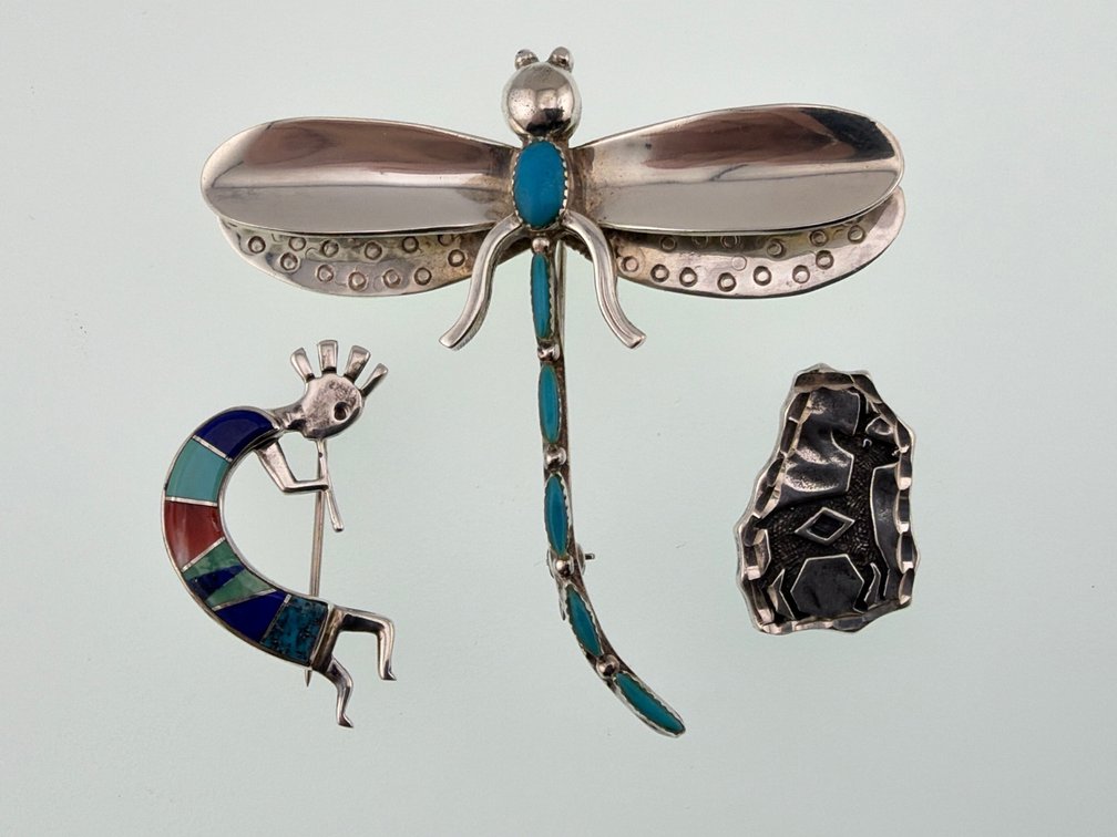 Sterling pendant, turquoise butterfly pin, Kokopelli pin,