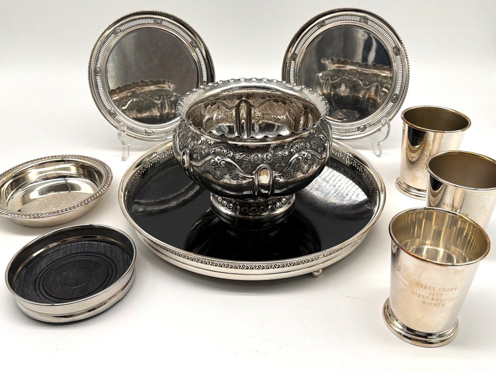 Silver plate trays, julep cups, bowl, wine coaster