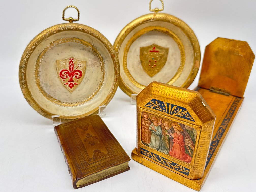 Florentine gilt book stand, book paperweight, plaques