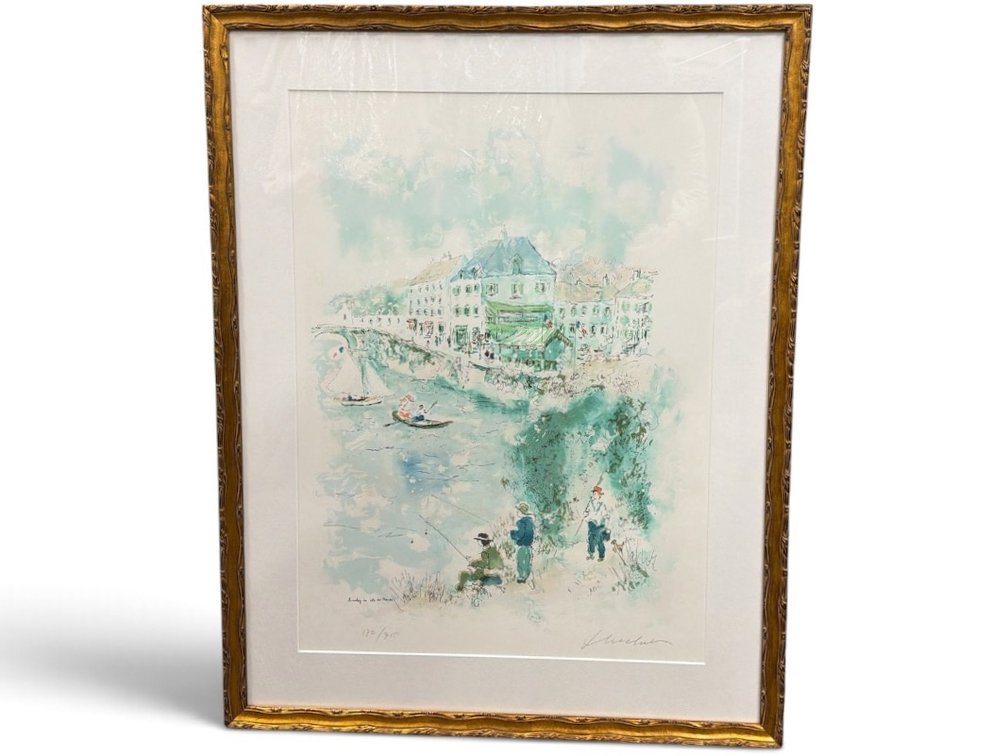 Signed lithograph "Sunday in Isle de France" by Urbain Huchet (France, 1930-2014)