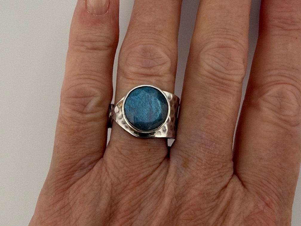 Handsome sterling, blue labrodite ring
