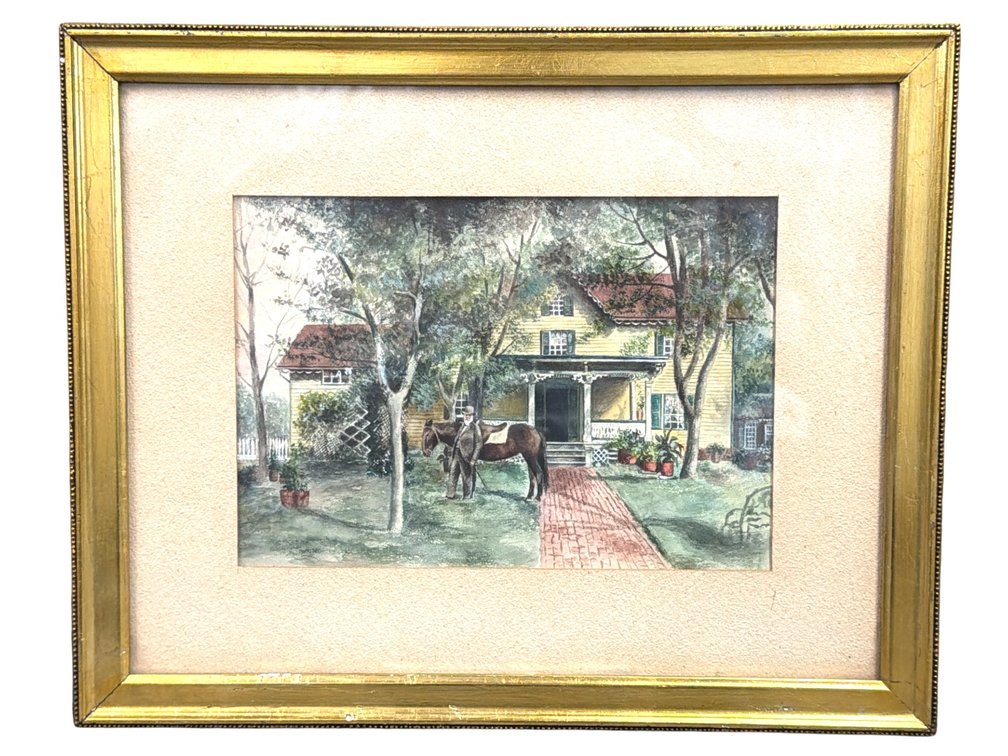 Vintage watercolor of yellow house