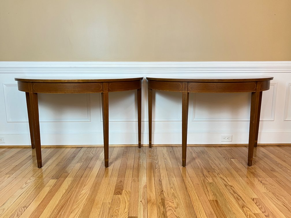 Pair of Biggs demilune tables with inlay DR