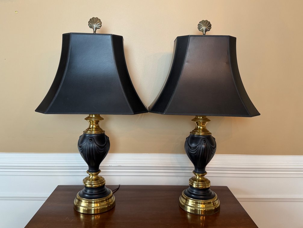 Pair of matte black painted and polished brass urn style lamps FR