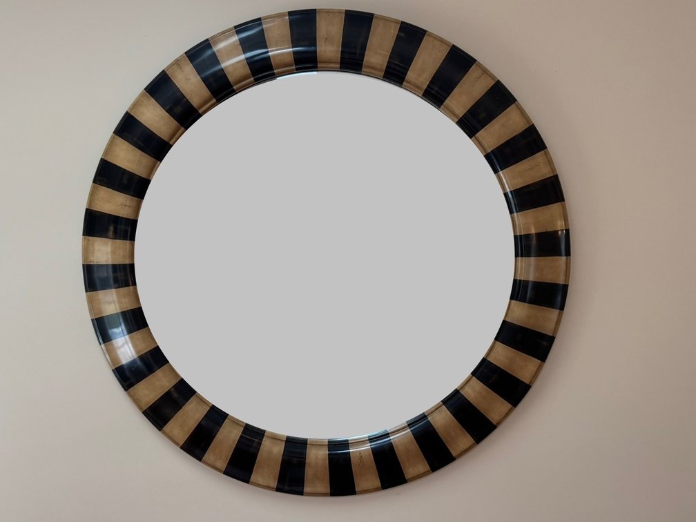 Large round wood stained and painted striped frame with beveled mirror FR
