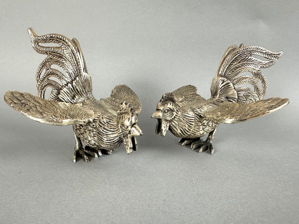 Pair silver tone fighting rooster figurines K