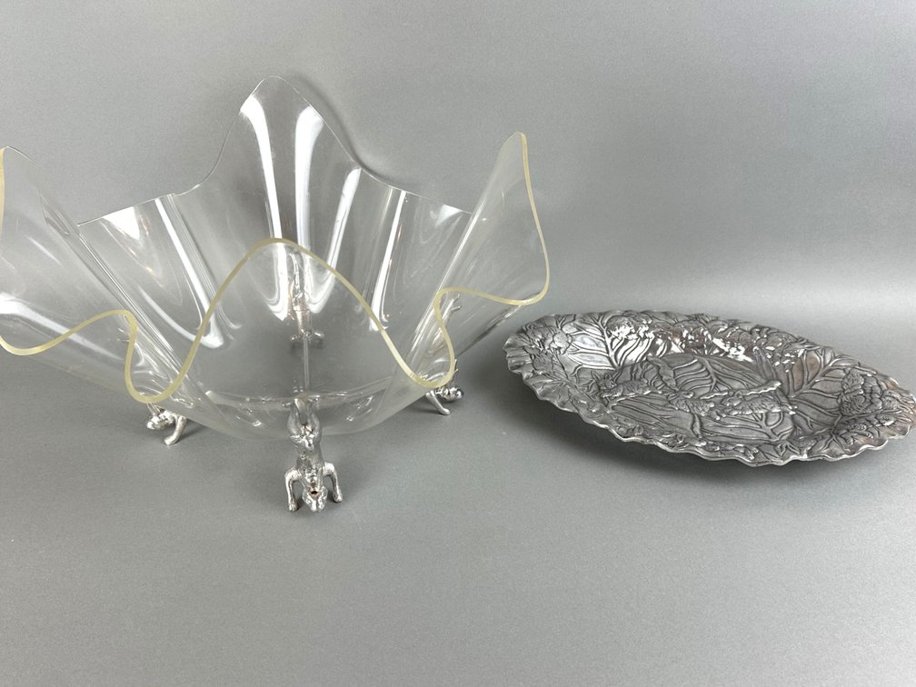 Arthur Court pewter bunny stand with clear acrylic bowl and serving tray K