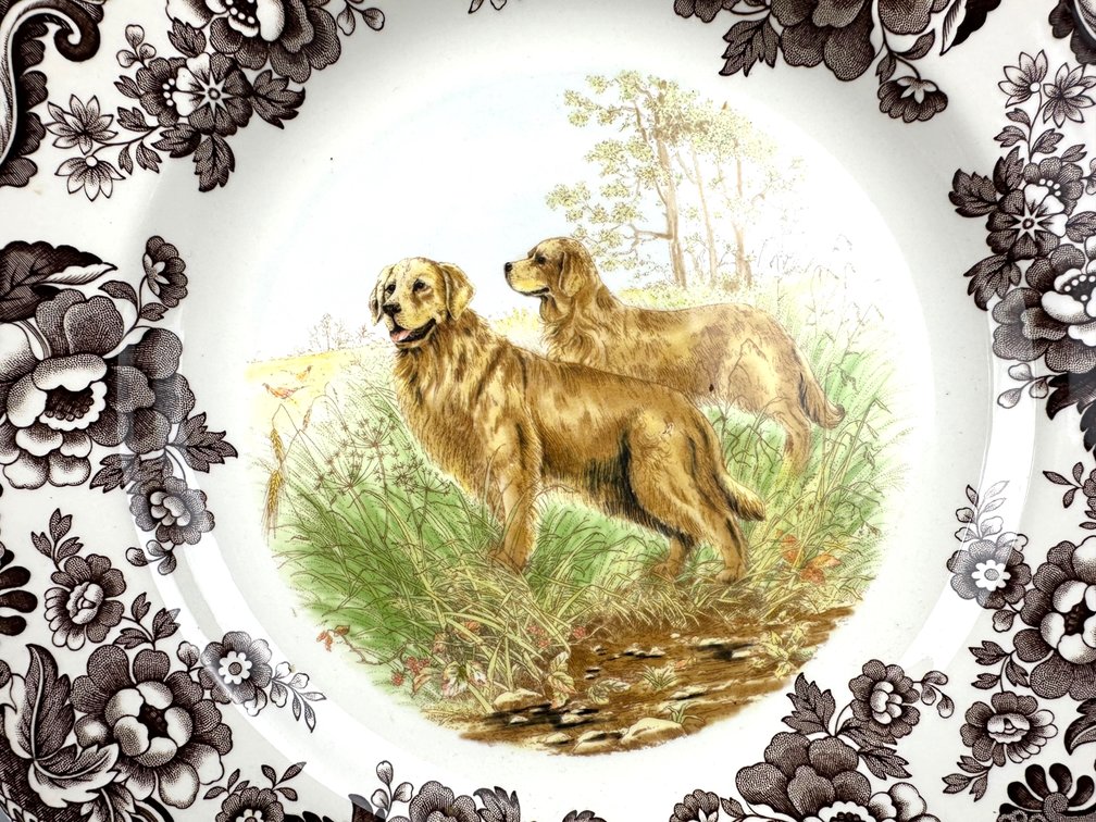 Pair of Spode Woodland Golden Retriever dinner plates K