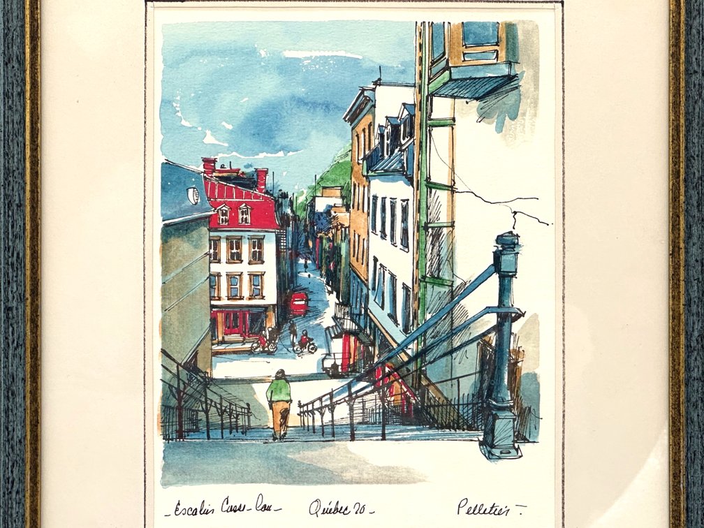 Charming framed print of "Escalier Casse Cou Quebec" signed Pelletier K