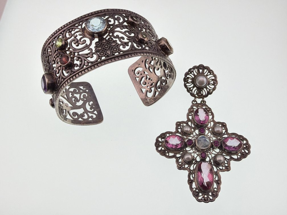 Sterling, colored stones openwork bracelet, pendant
