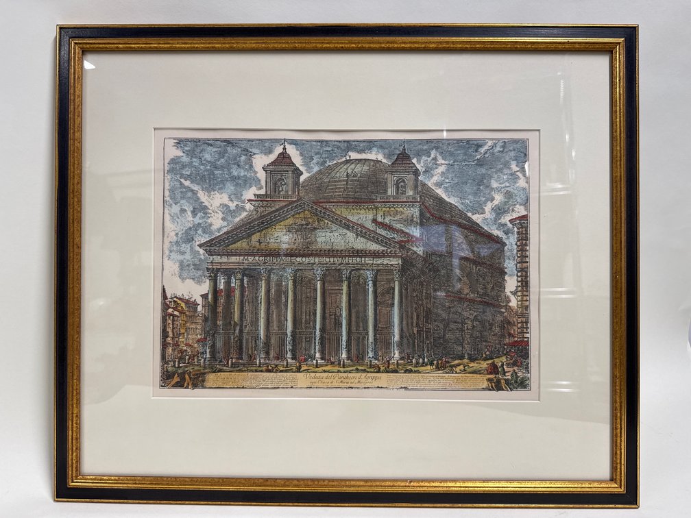 Framed hand colored etching of the Pantheon