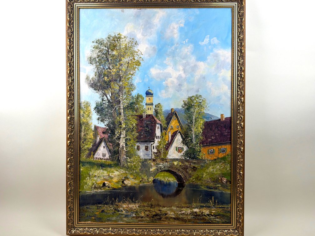 German oil on canvas village scene; HALL