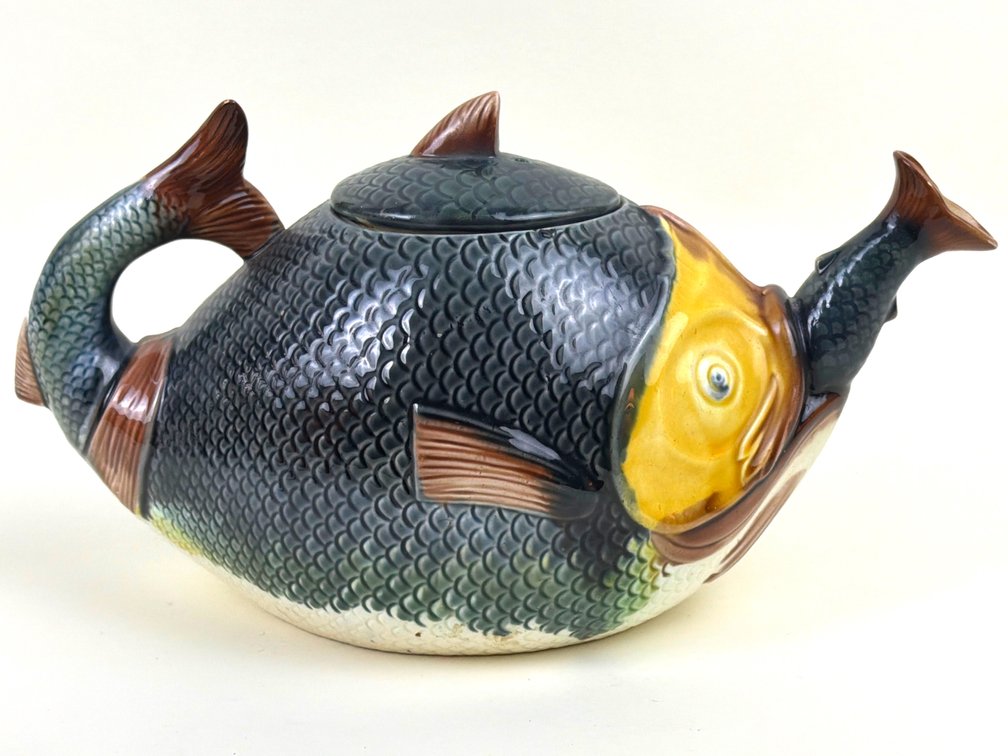 Adams and Bromley Majolica fish teapot; DEN
