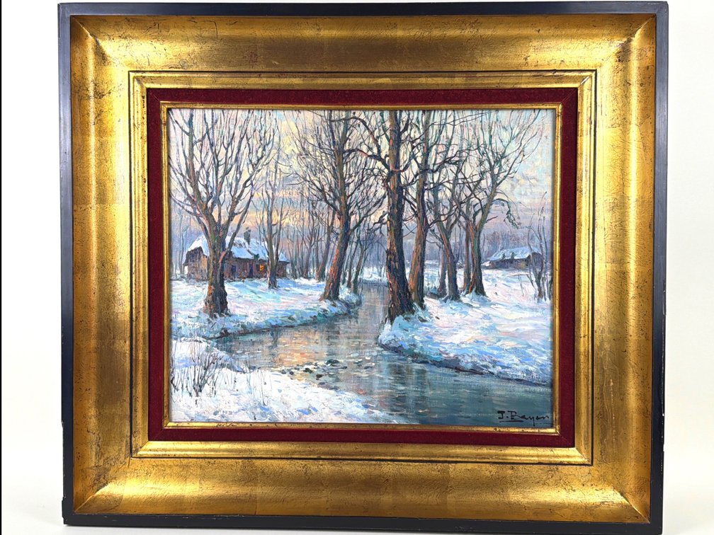 Original framed oil painting "Paysage de Neige (Normandie)" by Juan Bayon Salado (Spanish; 1913-1995); DEN