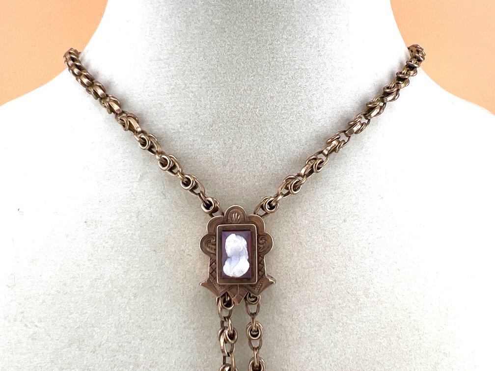Very nice gold filled watch chain with cameo slide; BX