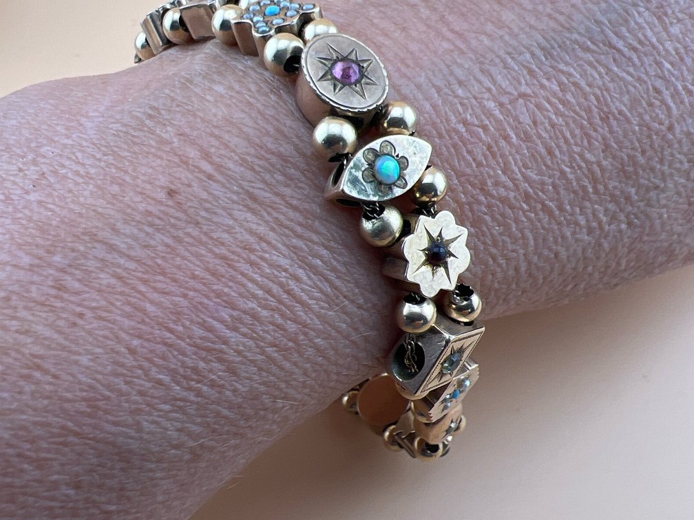 14kt Victorian watch slide bracelet with stones; BX