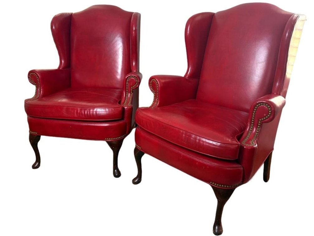 Pair of Hickory Leather Company red leather Queen Anne wing chairs sold 2x the money; DEN