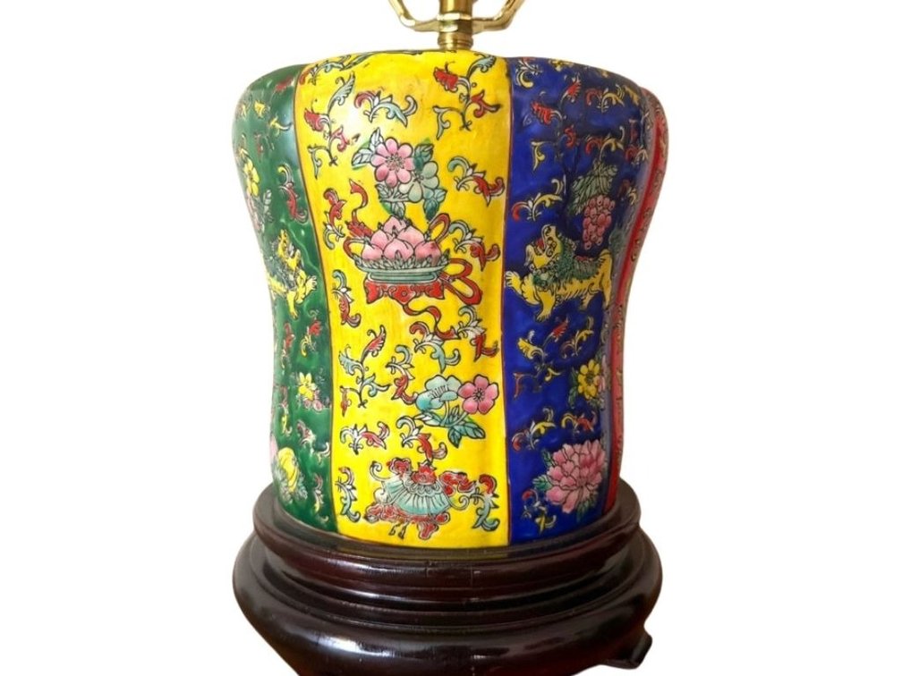 Mid-Century Asian polychrome multicolored foo-dog lamp; DEN