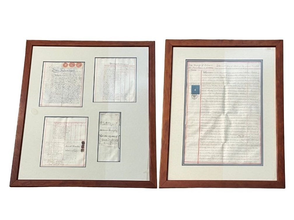 Framed antique English legal documents; HALL