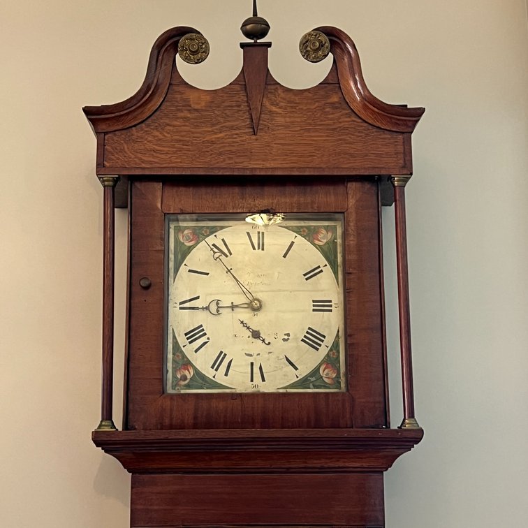 Working antique tall case oak clock with painted dial; HALL