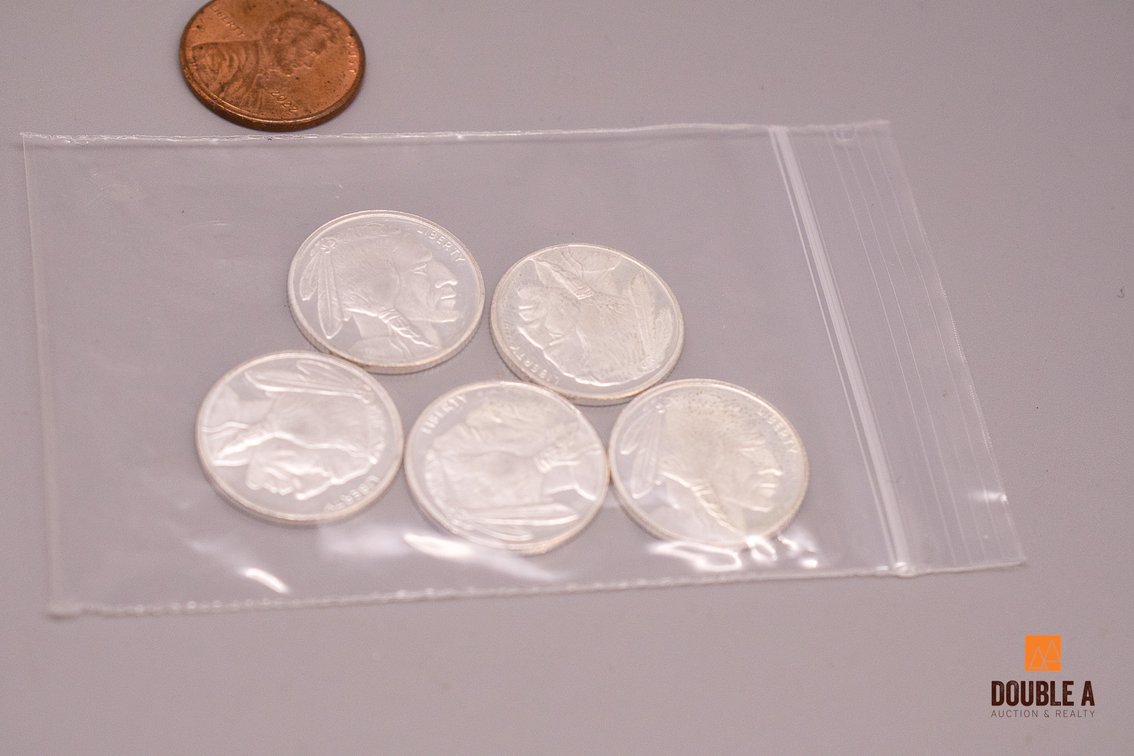 Five Golden State Mint Buffalo 1/10 Oz .999 Silver Rounds – 1/2 Troy Oz Total
