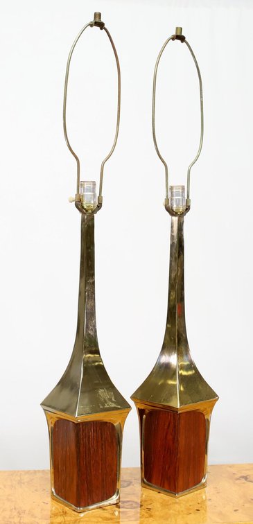 Brass and Rosewood Veneered Table Lamps