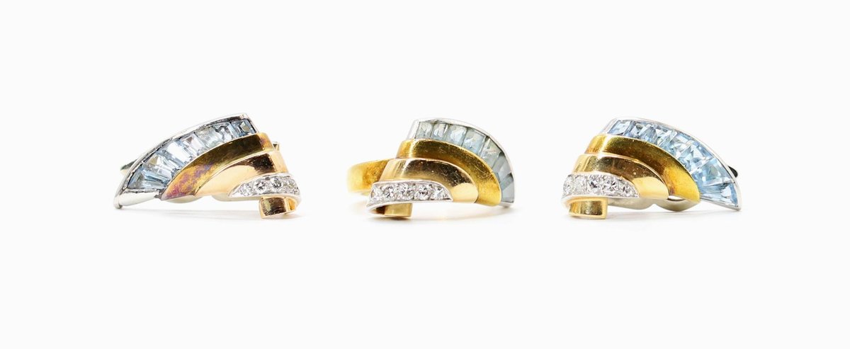 Platinum Gold Aquamarine Diamond Ring and Earrings