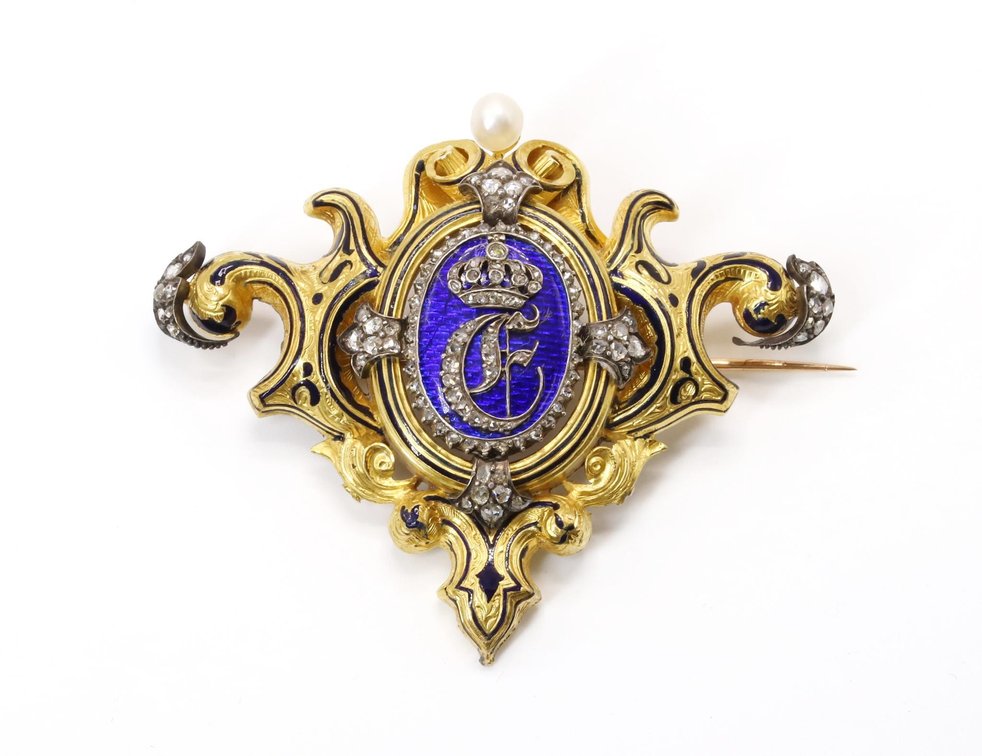 Gold Enamel Diamond and Pearl Receiver Brooch