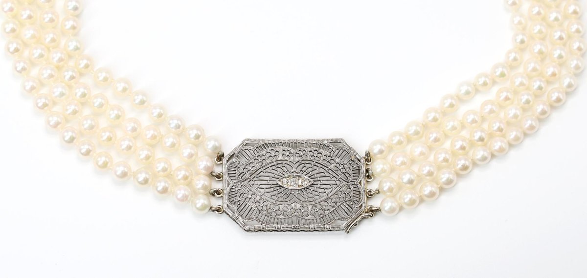 14KW Gold Pearl Diamond Filigree Necklace 