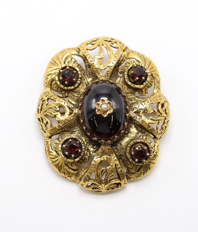 14KY Gold Garnet and Pearl Brooch Pin Pendant
